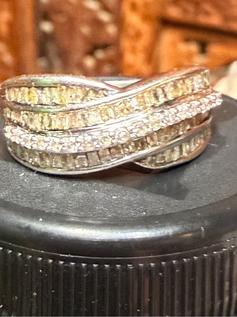 Vintage D’joy 925 💍 Champagne & White Diamond Crossover Ring Sz 8